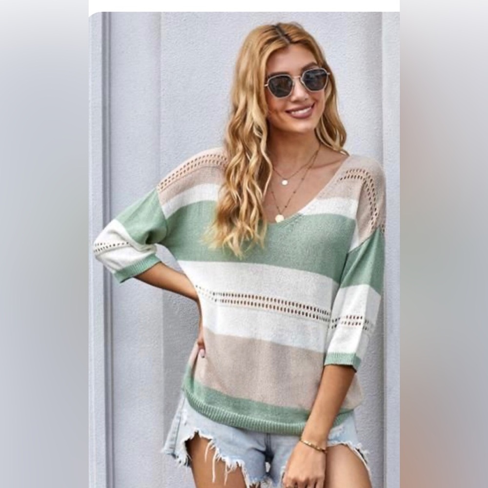 Women's Striped V-Neck Lightweight Sweater - Green, Cream, Tan
